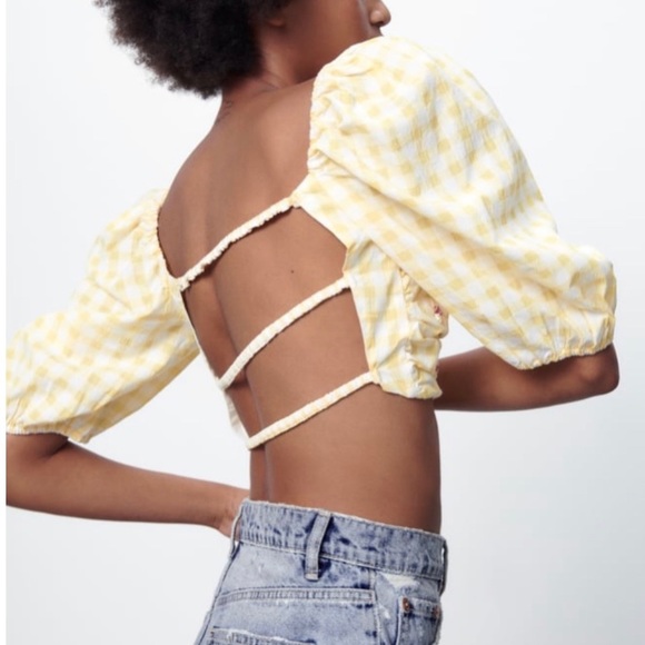 Zara Gingham Beaded Flower Backless Cropped Top Size XS NWT - Picture 4 of 8